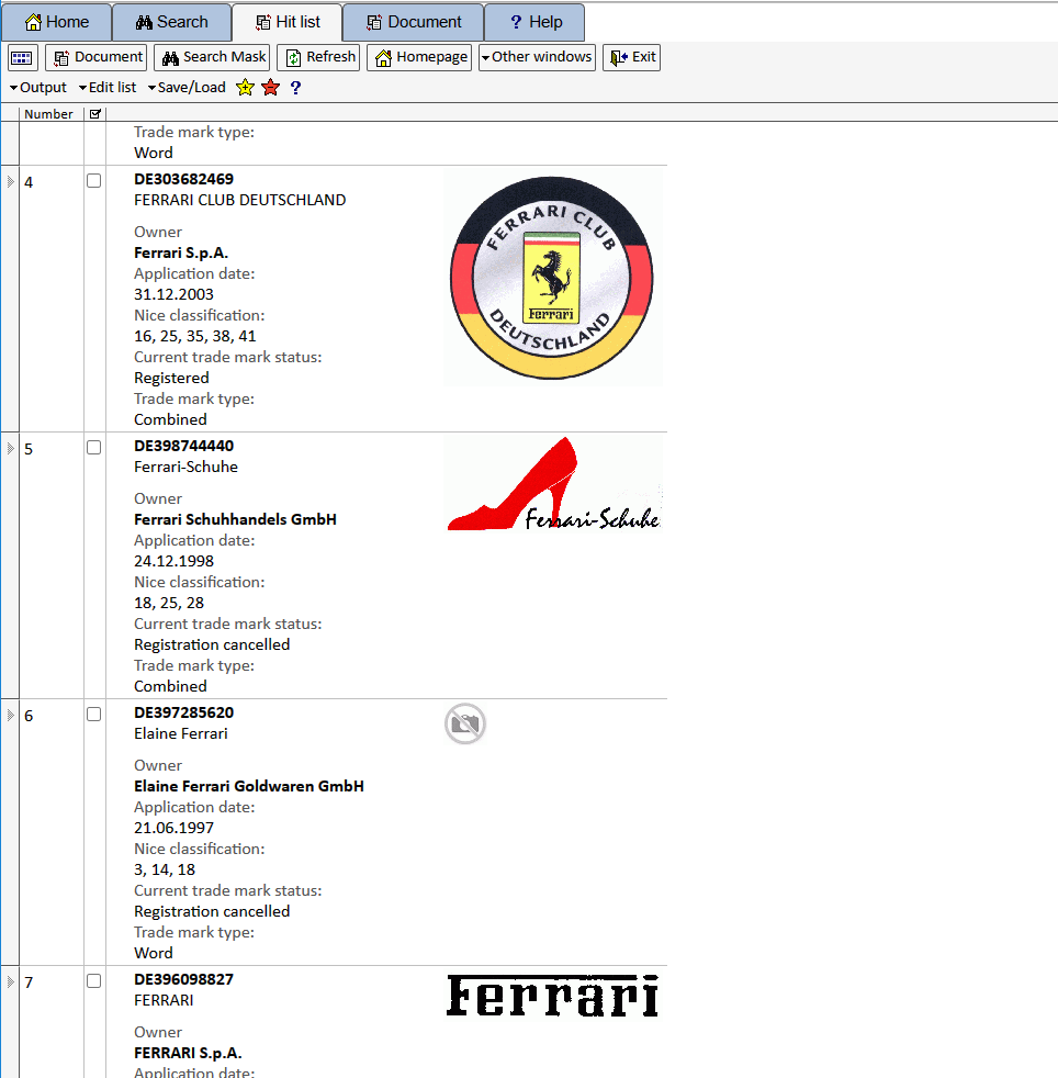 Screenshot XPAT Trademark hit list